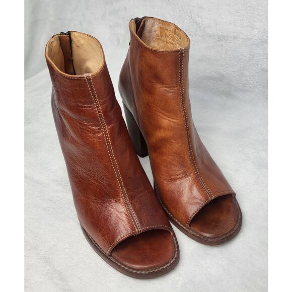 BED | STU Onset Leather Ankle Boots Peep Toe Stacked Heel Booties  | 7.5 - Picture 2 of 12
